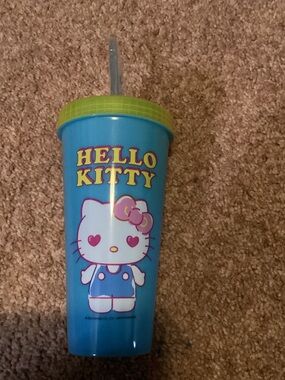 Hello Kitty Blue Cup with Lime Green Lid and Clear Straw